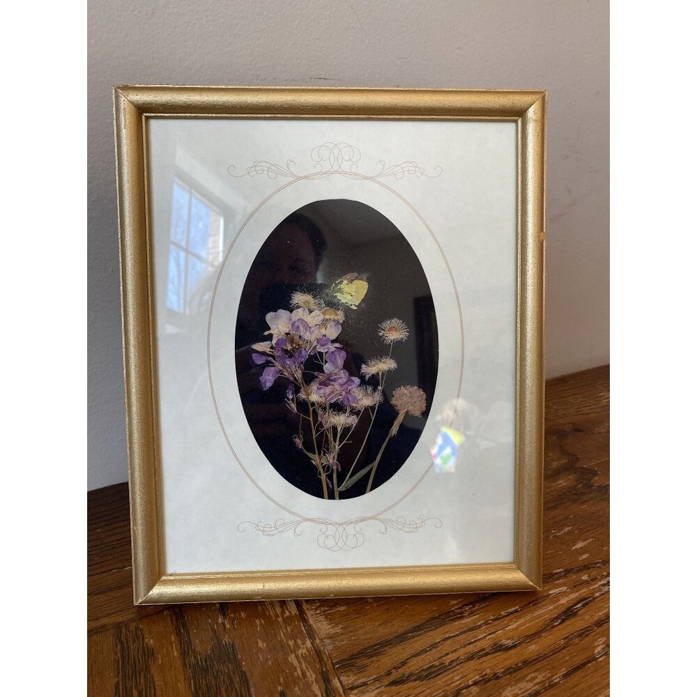 Pressed Flower & Butterfly Artwork In Gold Frame Oval Matting Design Vintage Wal